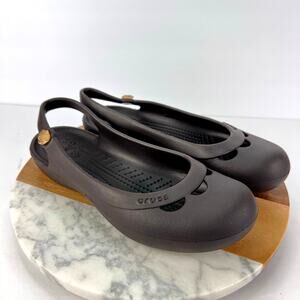 Crocs 8 Womens Jaya Brown Slingback Ballet Flats Sandals Flower Detail